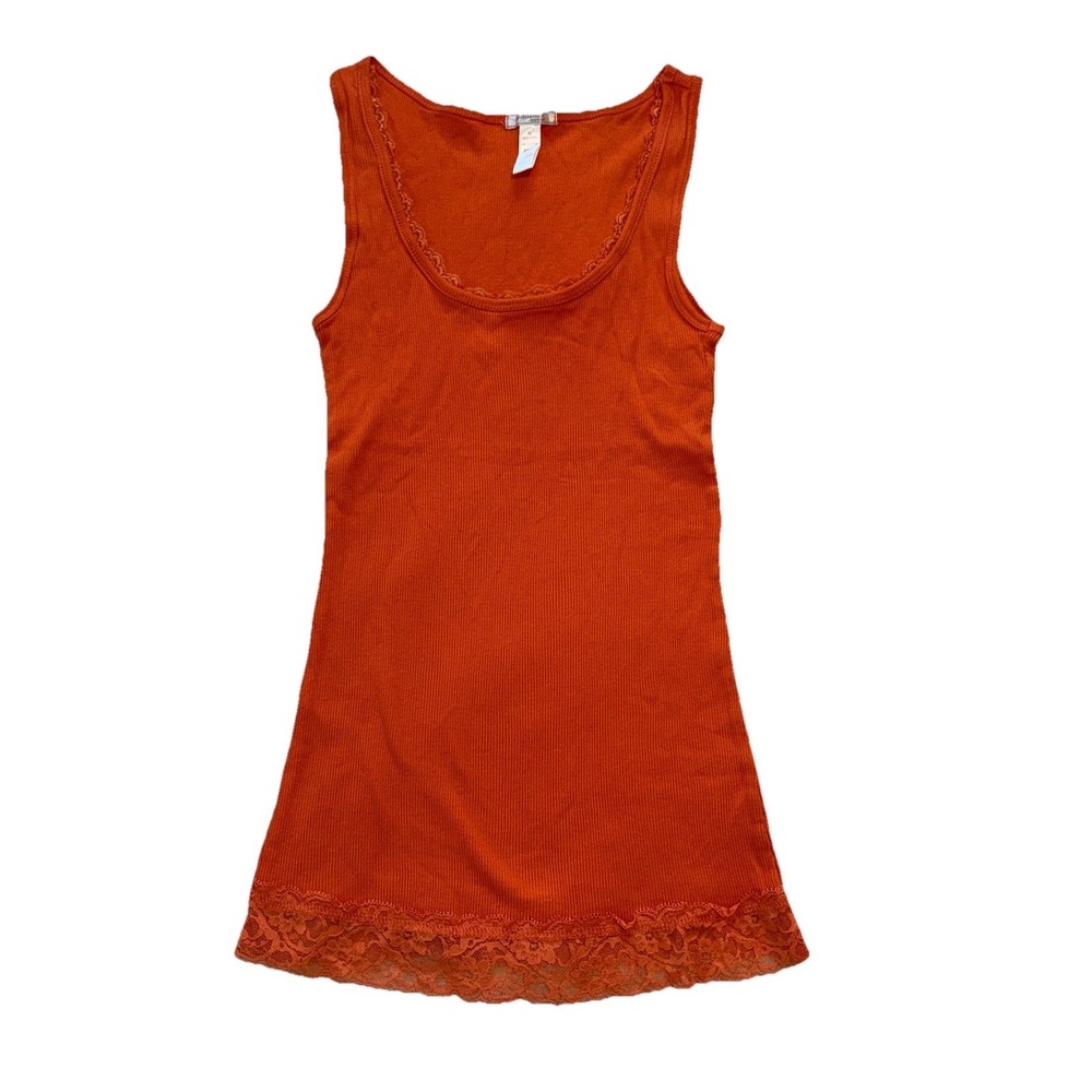Y2K Lace Trim Cami Orange Ribbed Fitted Tank Top Preppy Layering Small Medium